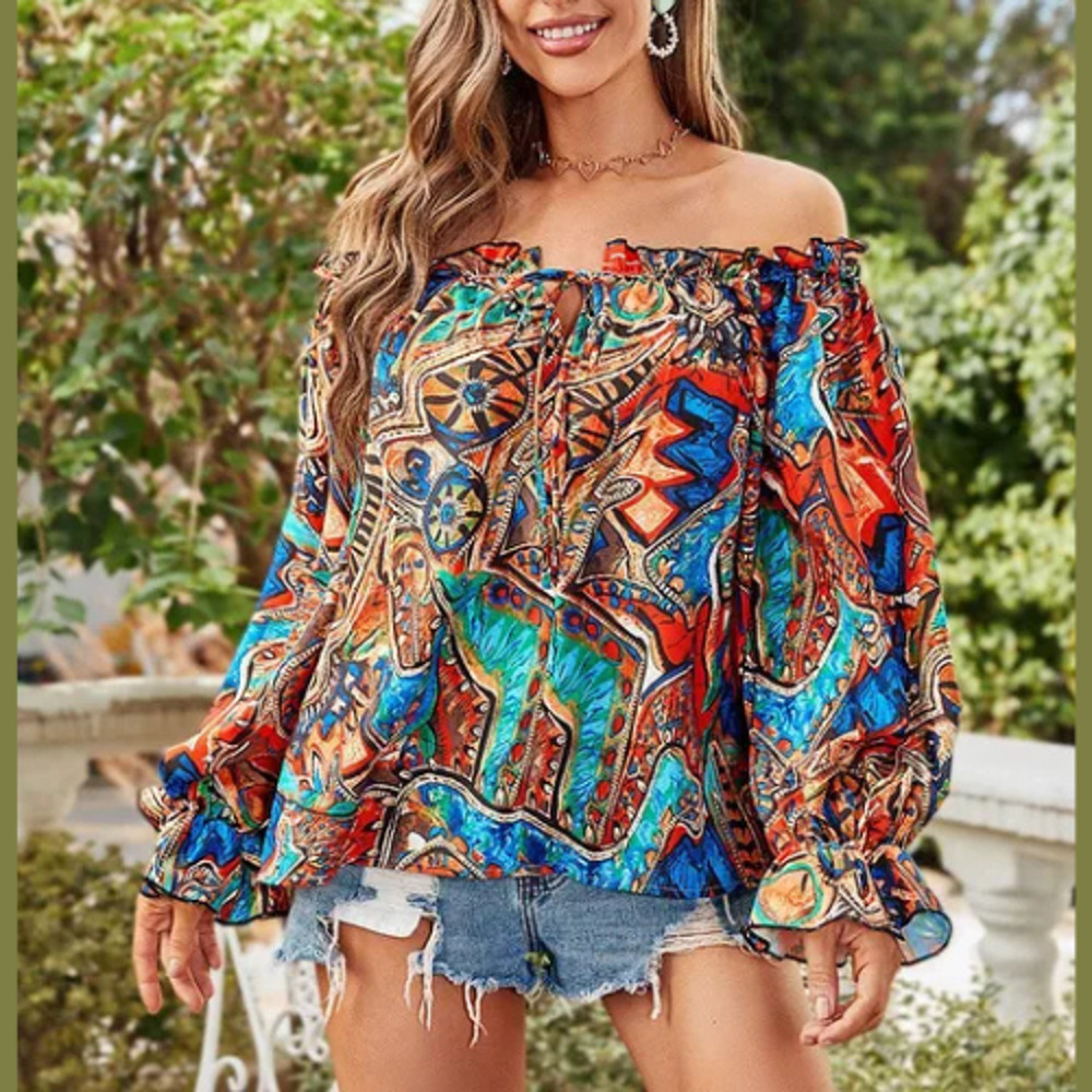 ChicMe Womens Top Size M Fairy Off-Shoulder Puff Sleeve Bohemian Vacation Beach